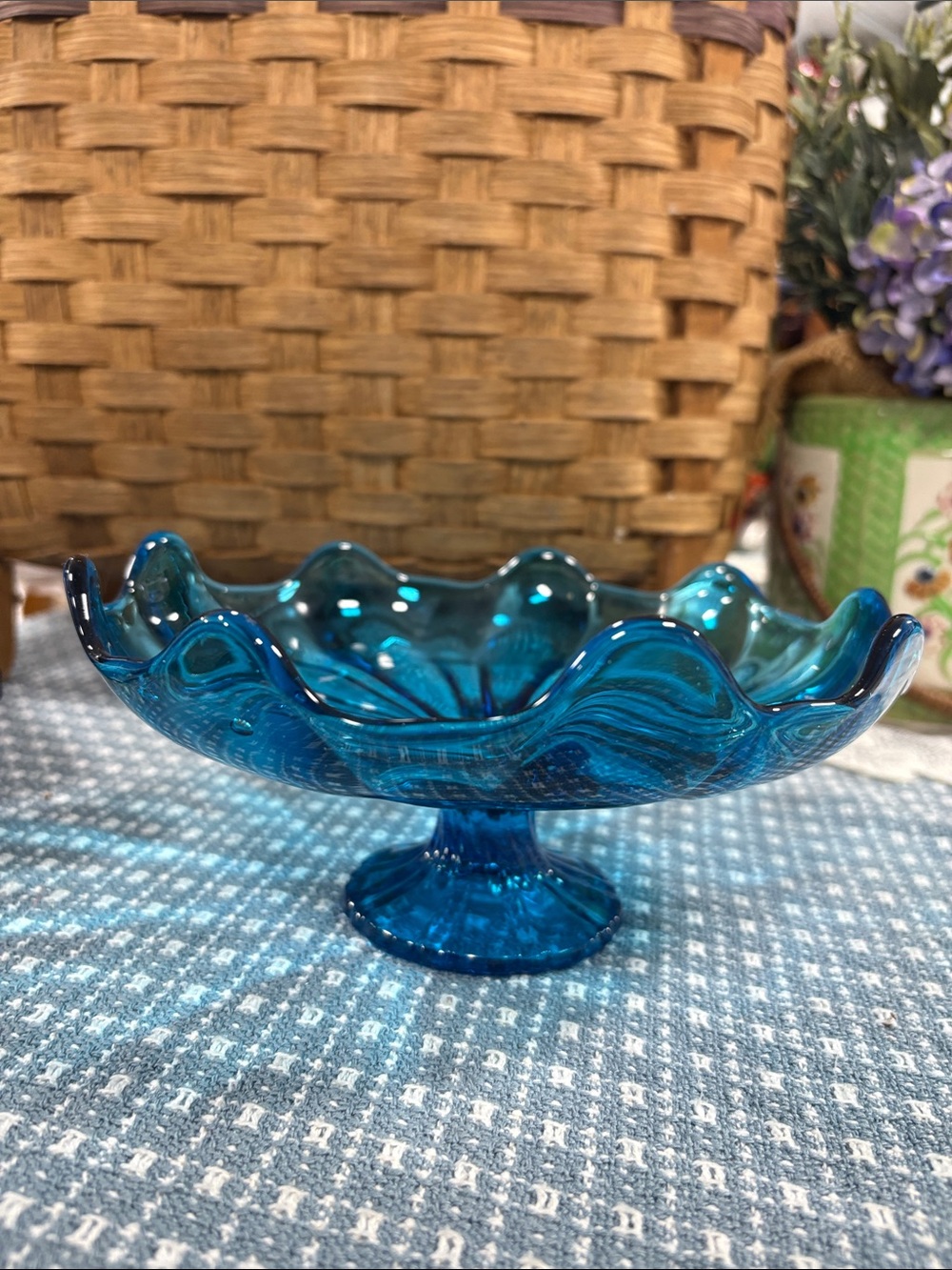 Vintage 1960s L E Smith Glass Rolled Edge Compote Bowl Simplicity Peacock Blue